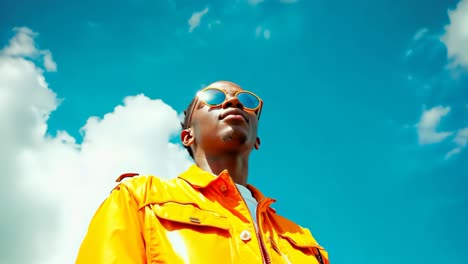 un hombre con una chaqueta naranja y gafas de sol mirando hacia el cielo