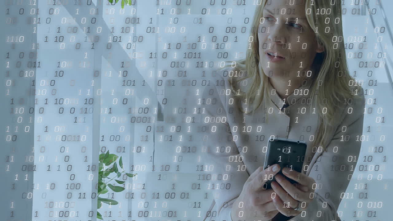 Binary code animation over woman holding smartphone and looking away