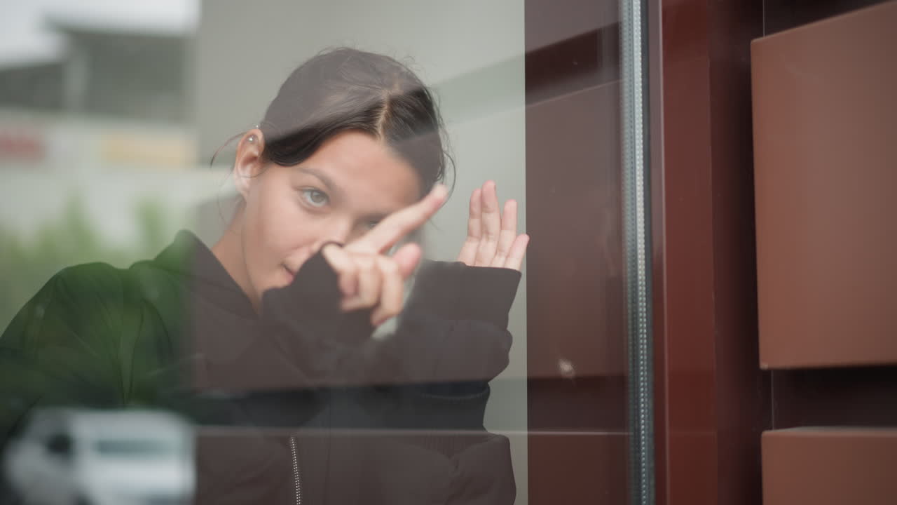 Ragazza sorride giocosamente alla finestra. La bambina ride e gesticola attraverso la superficie di vetro del negozio. Scena urbana vivace con un'allegra ragazza adolescente che fa gesti giocosi attraverso il vetro riflettente lucido