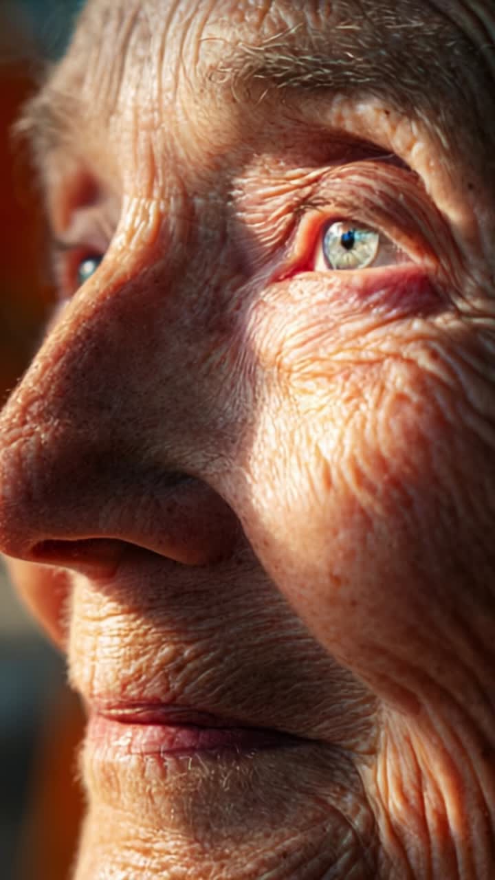 Captivating Close-Up of an Elderly Woman's Face, Showcasing Remarkable Aging Features, Expressive Eyes, and Textured Skin Under Natural Ambient Light