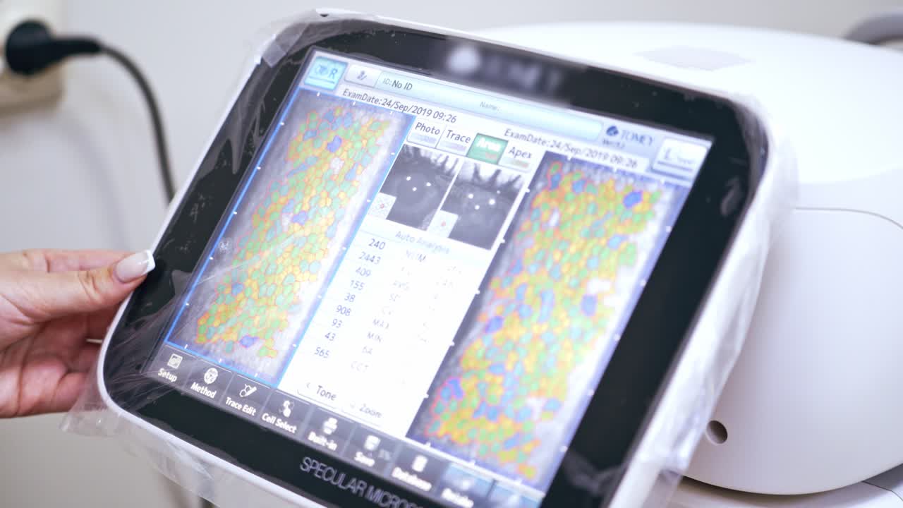 Ophthalmologist examining patient. Checking eyesight in a clinic with modern equipment