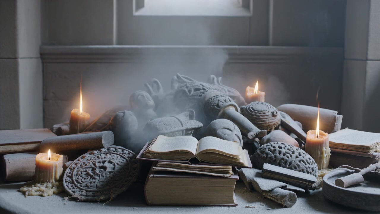 Rising thin ashy plume from central pile behind open book on stone window ledge, candles flickering