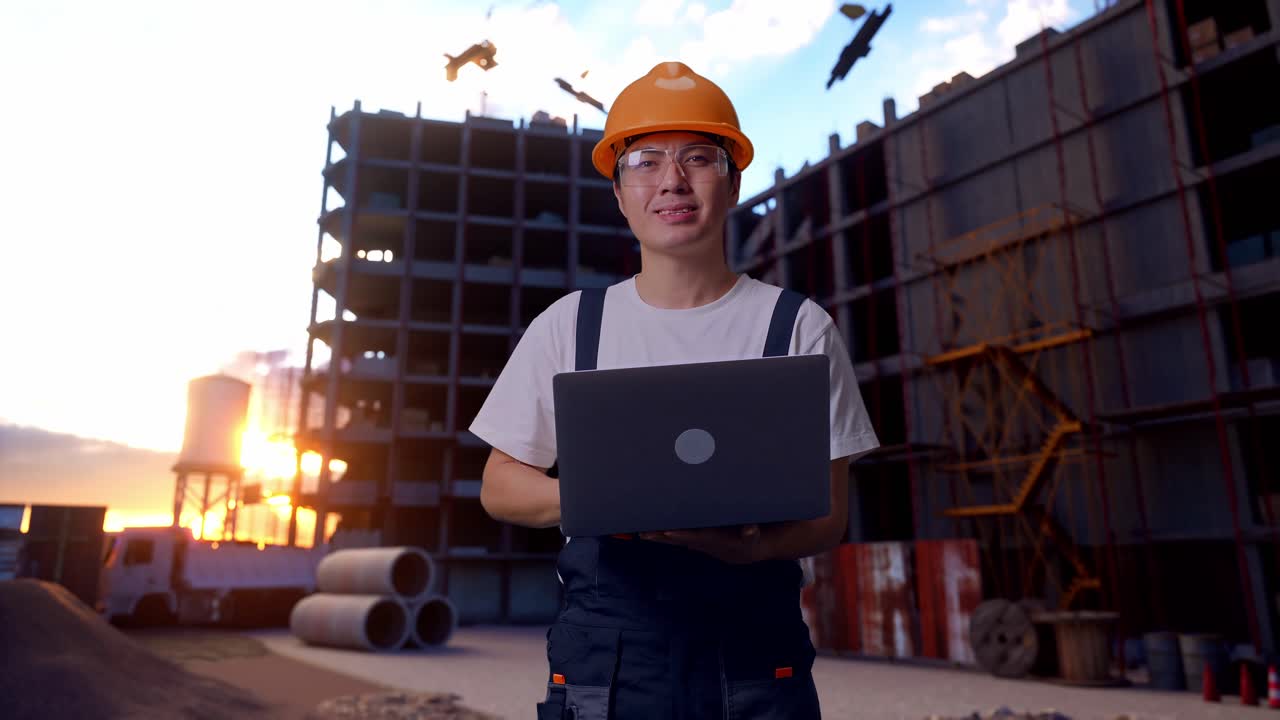 trabajador asiático usando una computadora portátil y sonriendo en el sitio de construcción