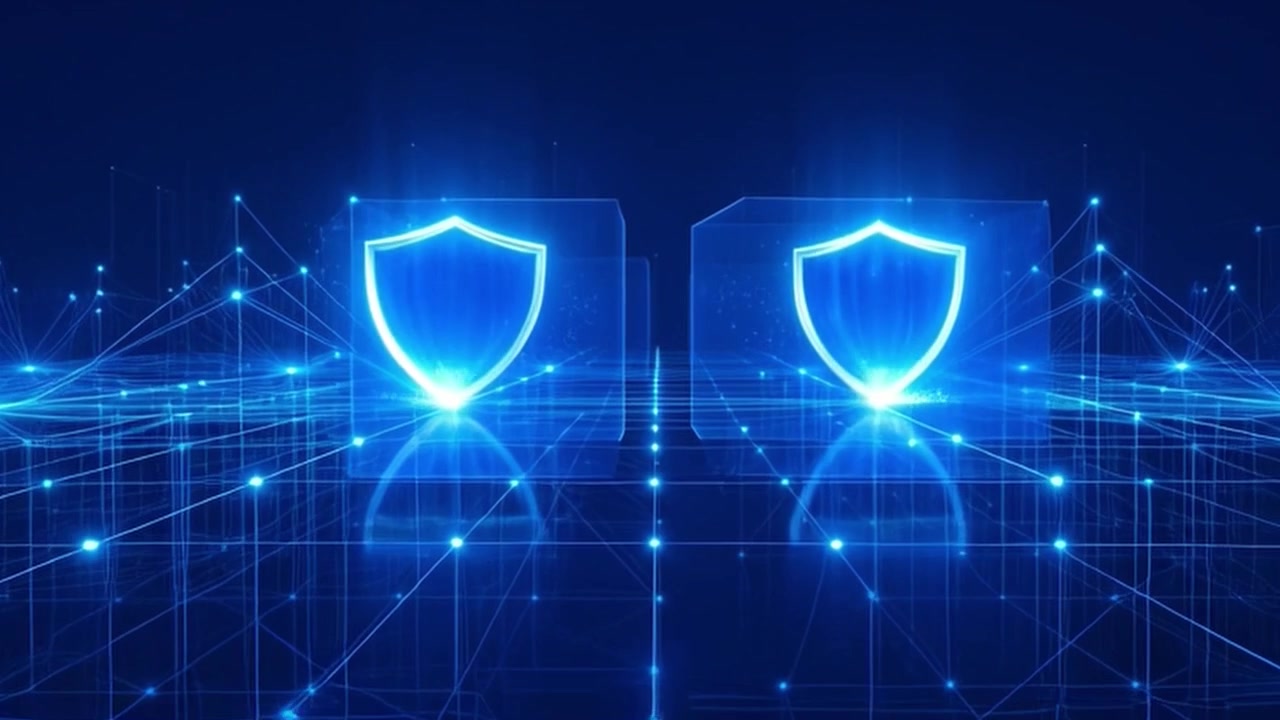 Digital Cybersecurity Concept with Glowing Shields in Network Grid