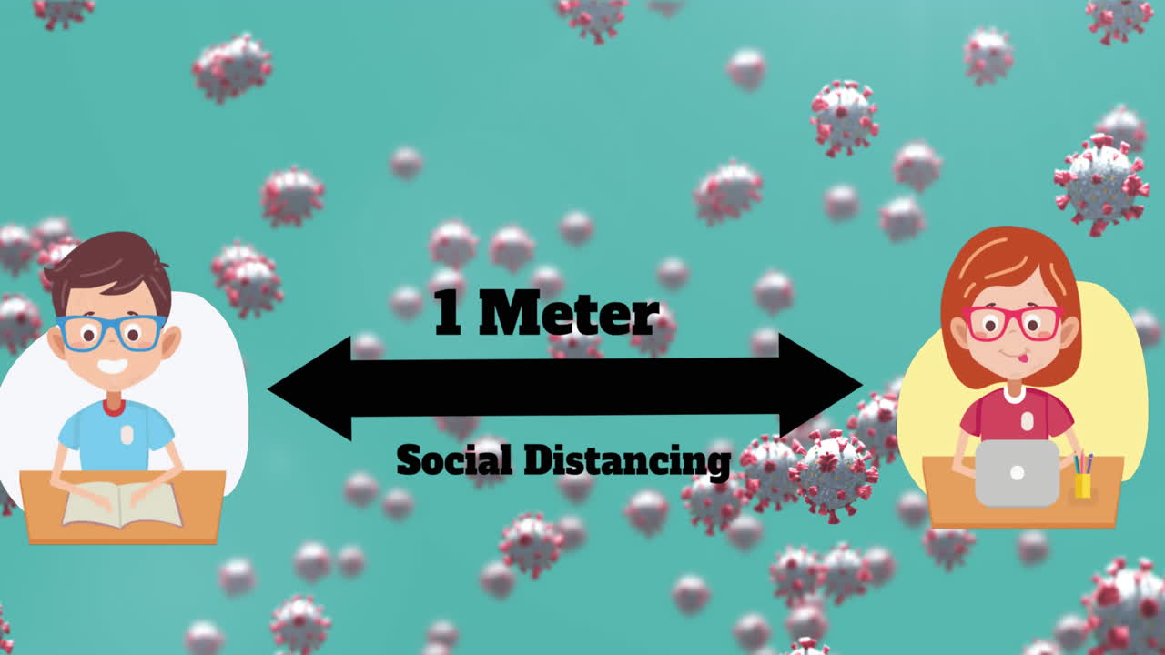 여러 코로나19 세포가 학교 소년과 소녀를 공격하고 사회적 거리를 유지하고 있습니다.