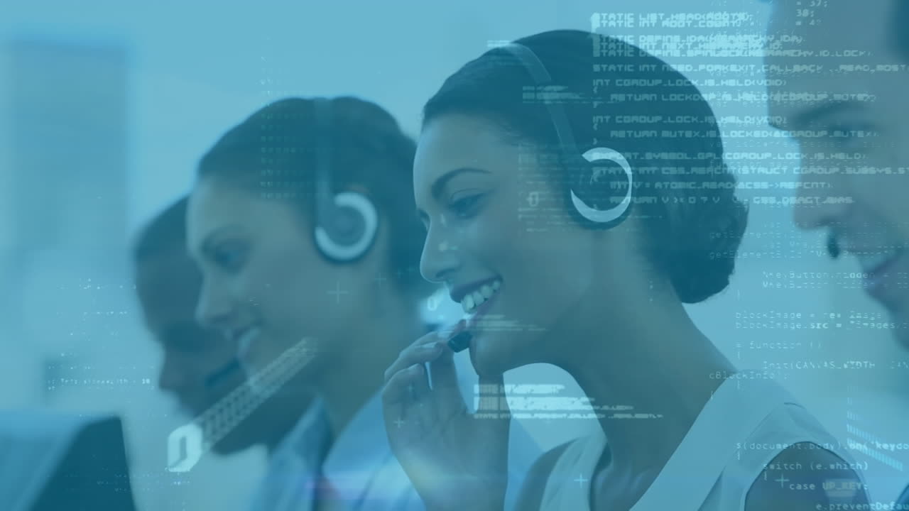 Animation of data processing over diverse people using phone headsets working in call center