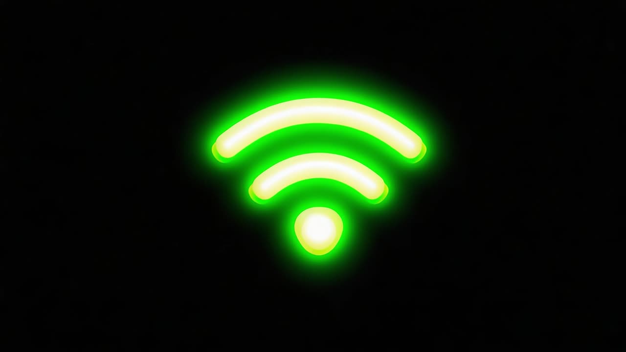 Una vivida rappresentazione di un'icona di segnale Wi-Fi verde che si illumina su uno sfondo scuro, simboleggiando la connettività e la tecnologia moderna nell'era digitale.