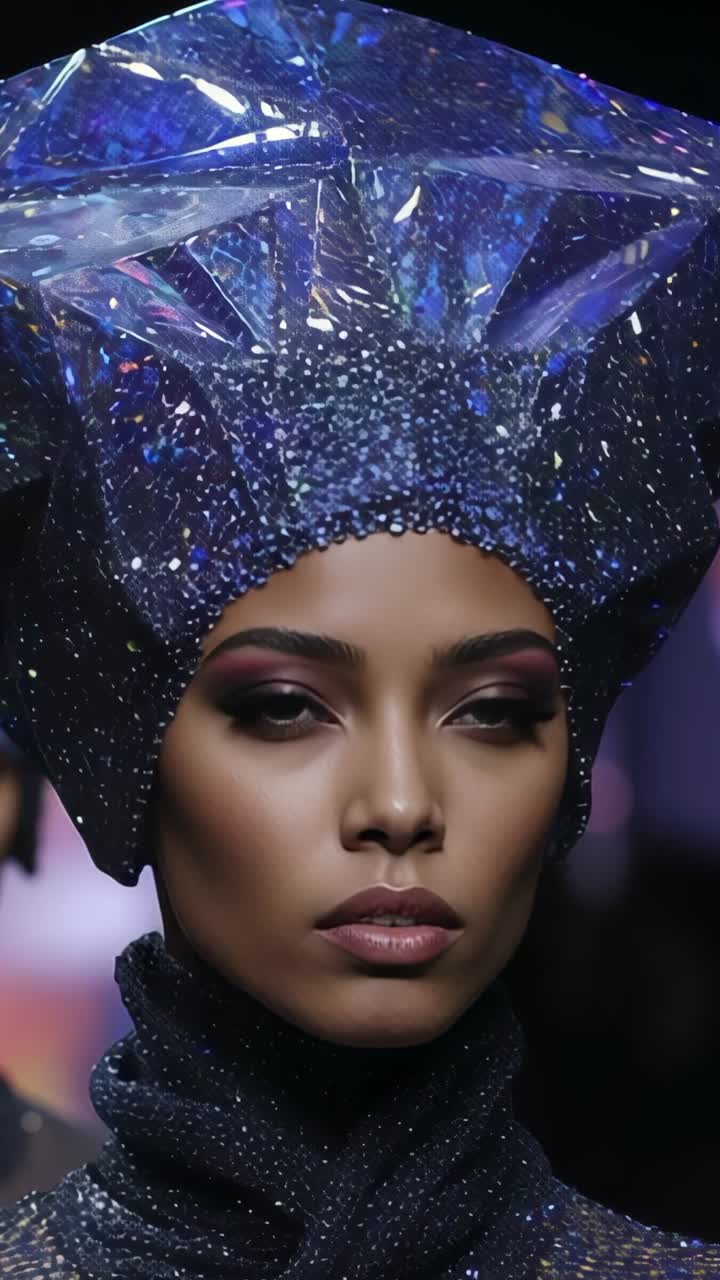 Vertical video: Striding woman model wearing iridescent headpiece on runway, with shifting lights