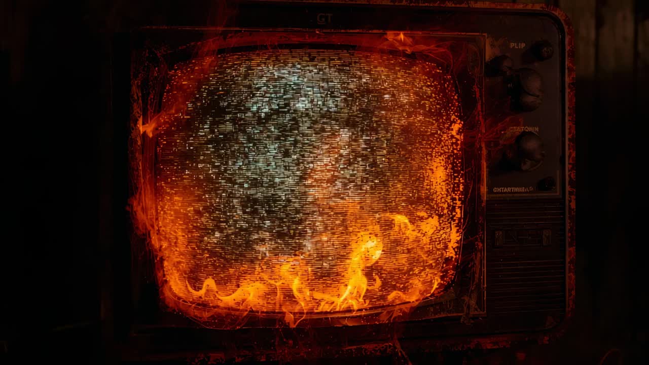 Starting with TV static, vintage CRT screen burning inside workshop with orange flames and embers