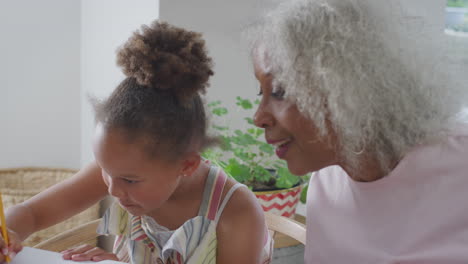 abuela ayudando a su nieta con la educación en casa sentada a la mesa