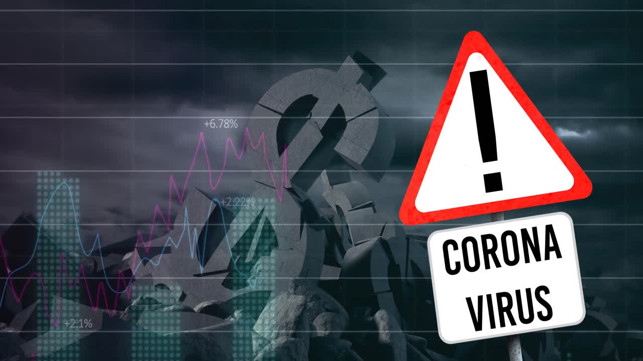 코로나 바이러스 기호 와 붕괴 된 미국 달러 기호 를 가진 통계 기록 의 애니메이션