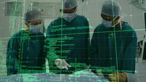 animación del procesamiento de datos sobre cirujanos varones caucásicos y pacientes en el quirófano