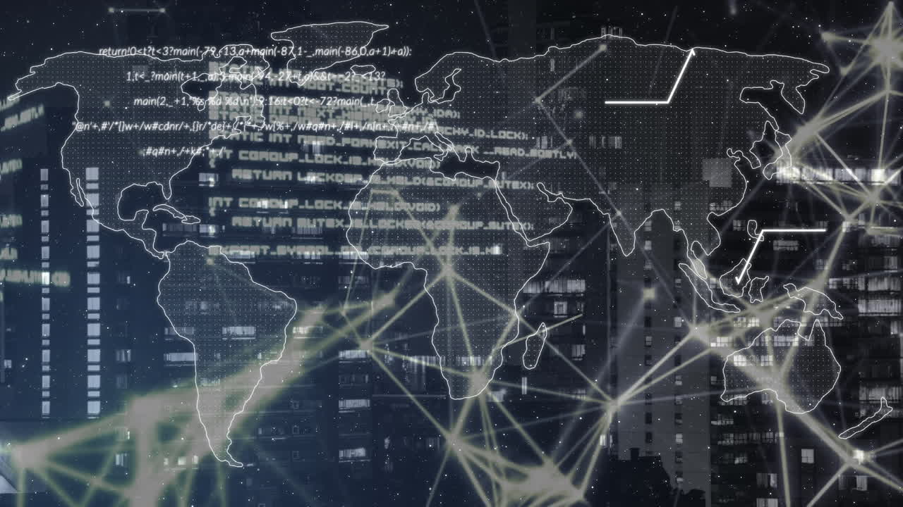 도시 풍경 위의 세계 지도와 연결 네트워크의 애니메이션