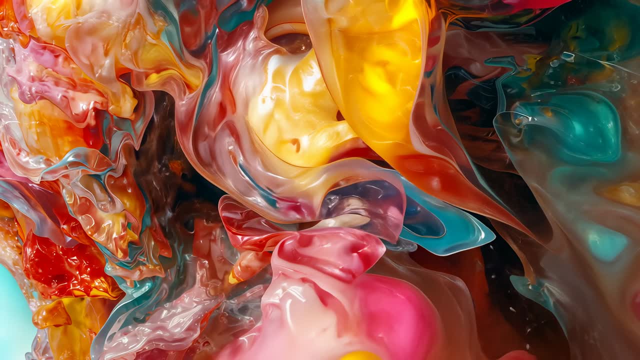 Initial layering of resin ribbons shifting and revealing face in close-up, with pigment flow