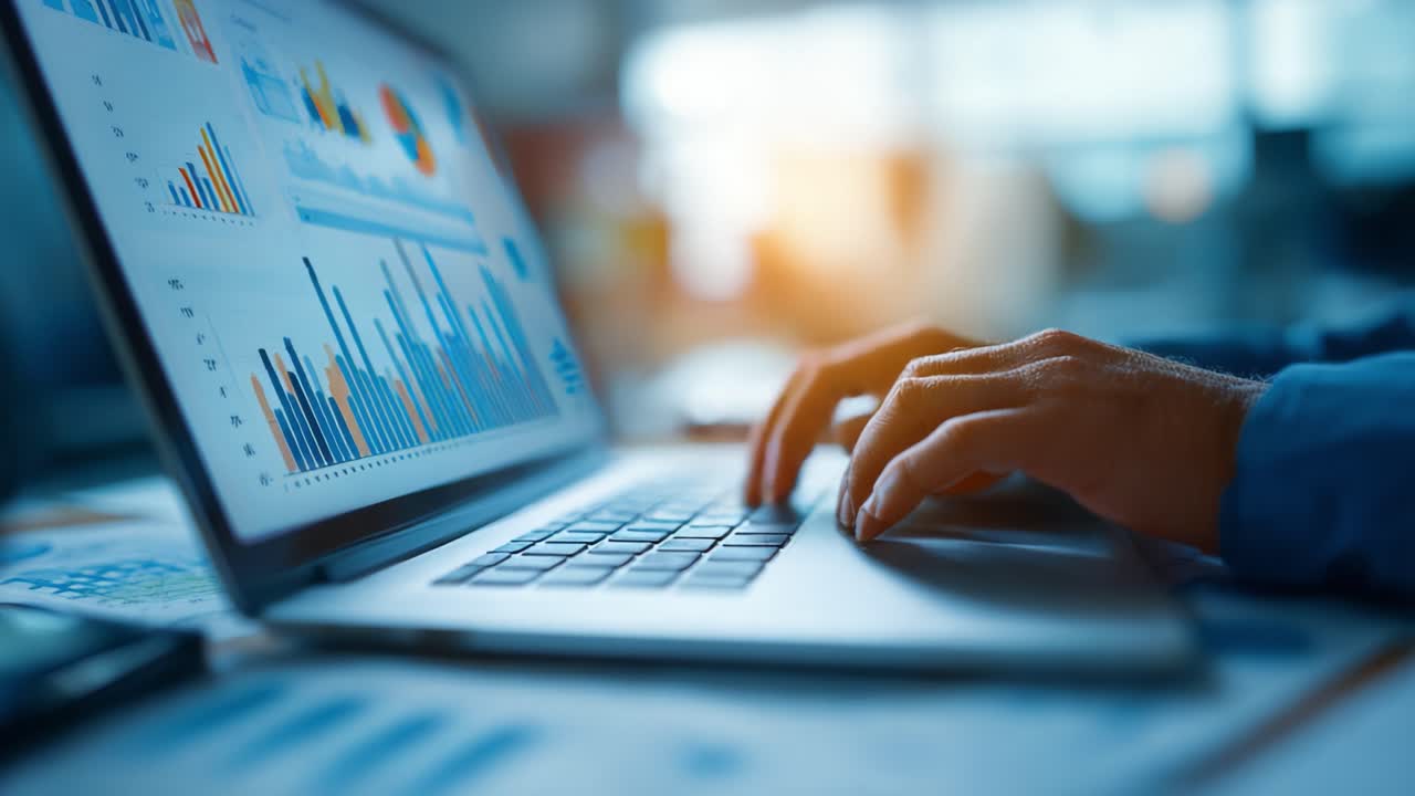 Analyzing Data Trends: A Close-Up Look at Data Visualization on a Laptop with Colorful Graphs and Charts in a Modern Workspace Environment