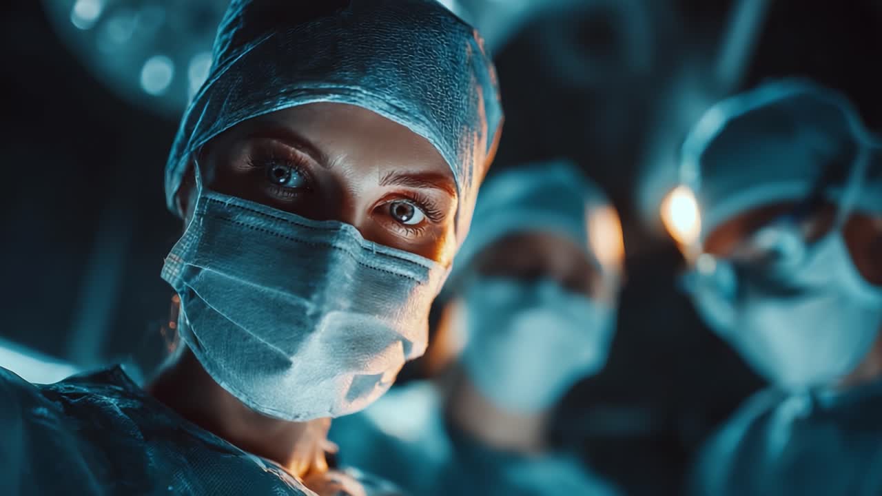 Soustředění chirurgové v náročném prostředí operačního sálu, kteří prokazují odhodlání a přesnost během kritického lékařského zákroku