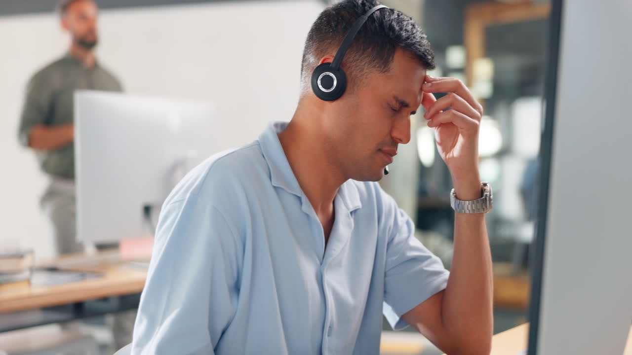 Call center, man and headache on computer