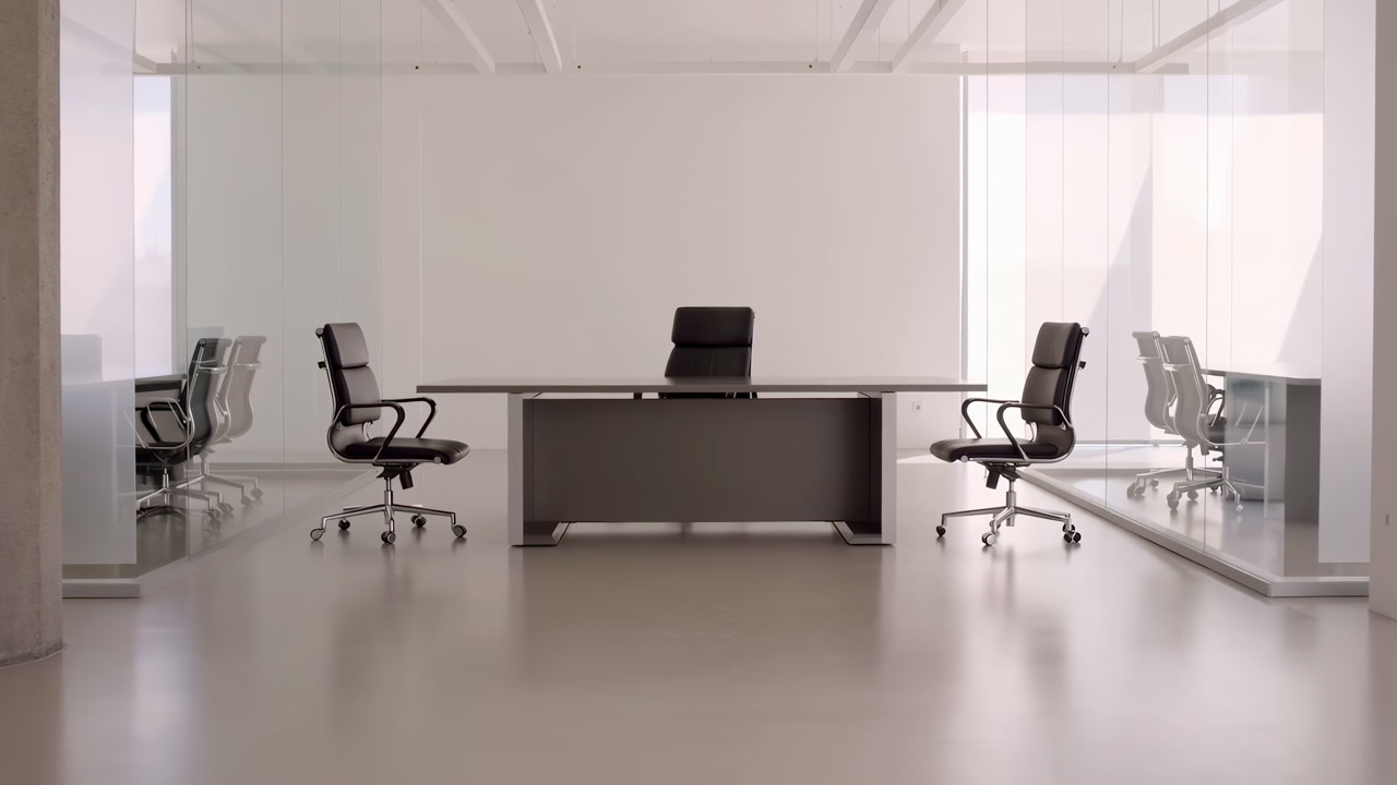 Minimalist Modern Executive Office Interior Showcasing Sleek Glass Walls, Polished Floor, Black Leather Chairs
