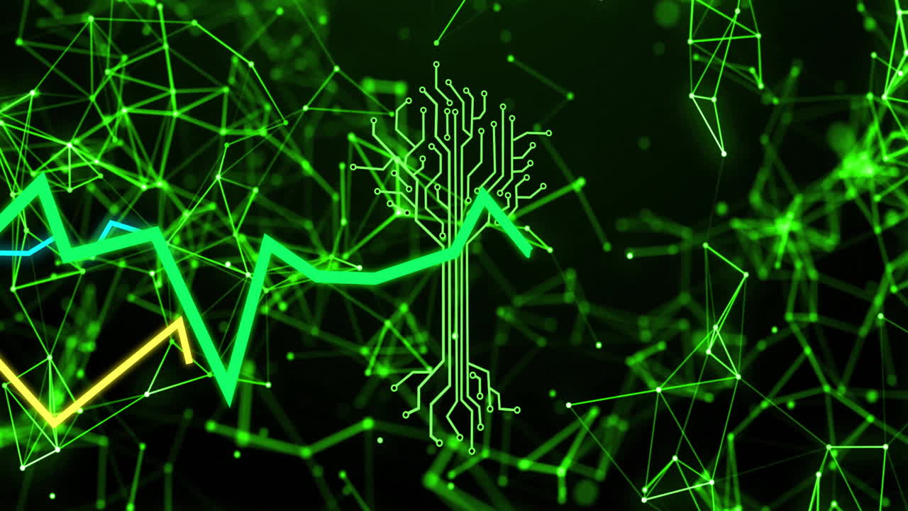 Animation of green circuit tree and upward arrow on digital network background