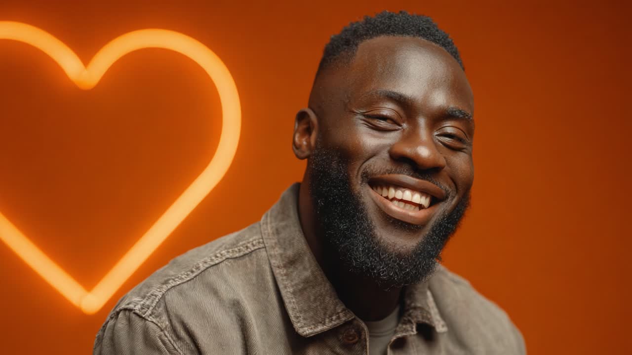 A Joyful Smile Illuminated by a Neon Heart: Capturing Positive Vibes and Warmth from a Young Man Against an Orange Background