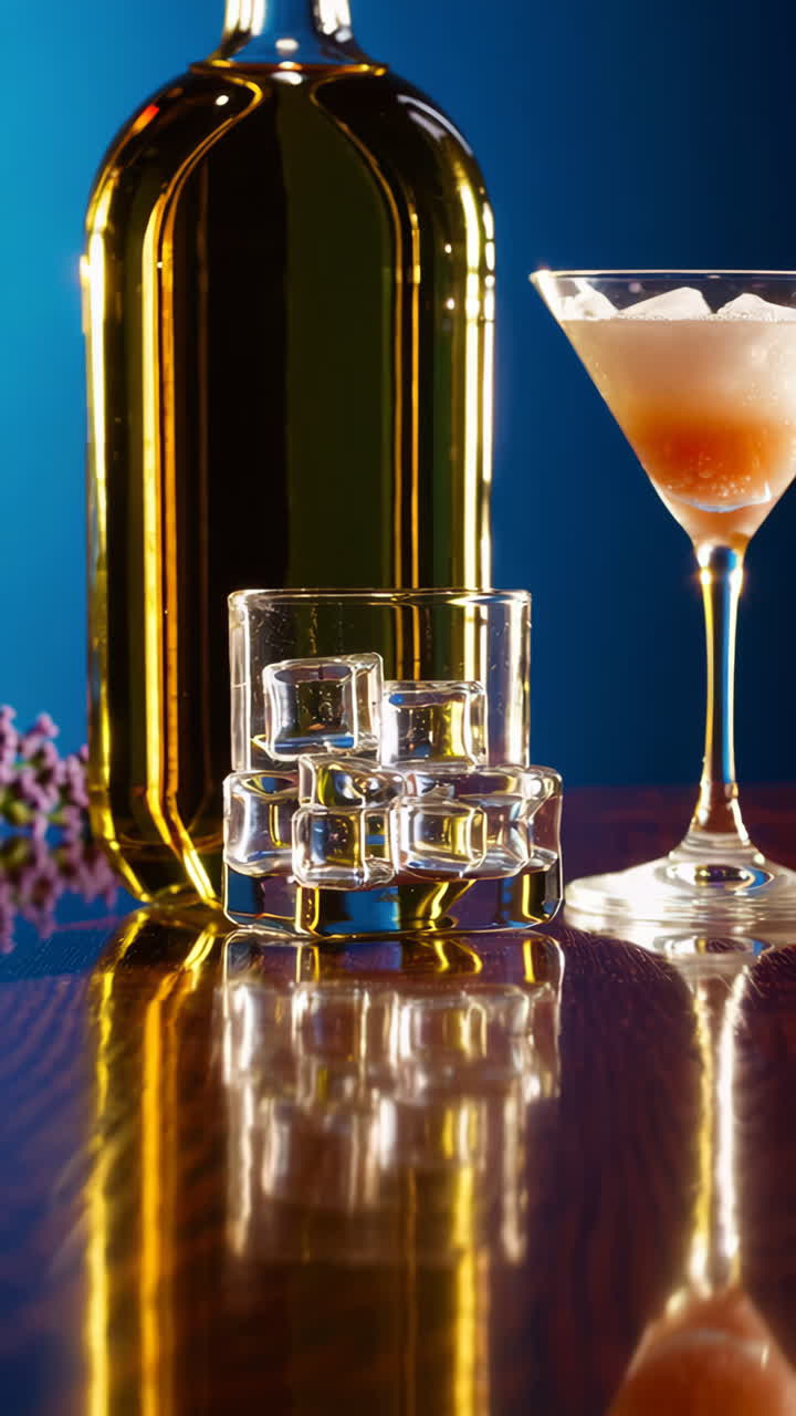 A close-up of a liquor bottle and glasses with ice on a reflective surface