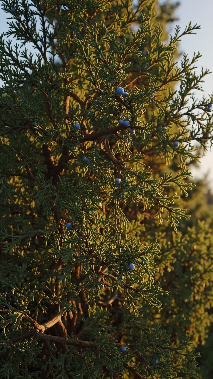 Angolazione video ravvicinata di un albero sempreverde illuminato dal sole con piccole bacche blu, che cattura l'intricato