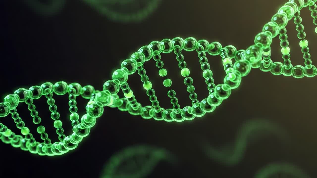 Intricate Green DNA Helix Structures Glimmering in a Scientific Visualization, Unraveling the Mysteries of Genetic Make-up and Molecular Biology