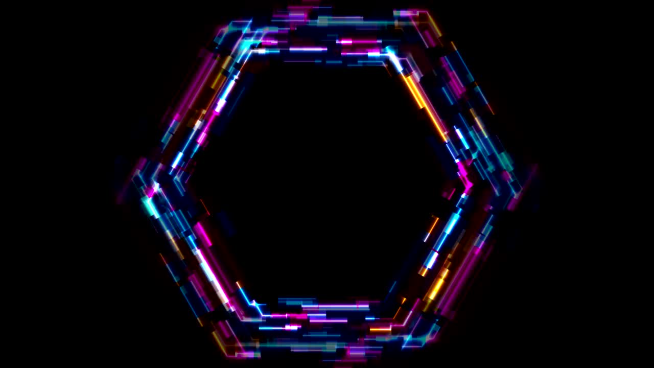 추상적인 기술 빛나는 네온 육각형 모션 배경과 글리치 효과