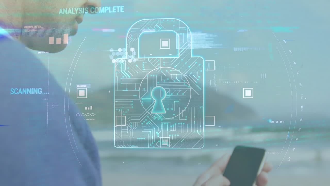 Animation of security padlock icon and data processing over caucasian man using a smartphone