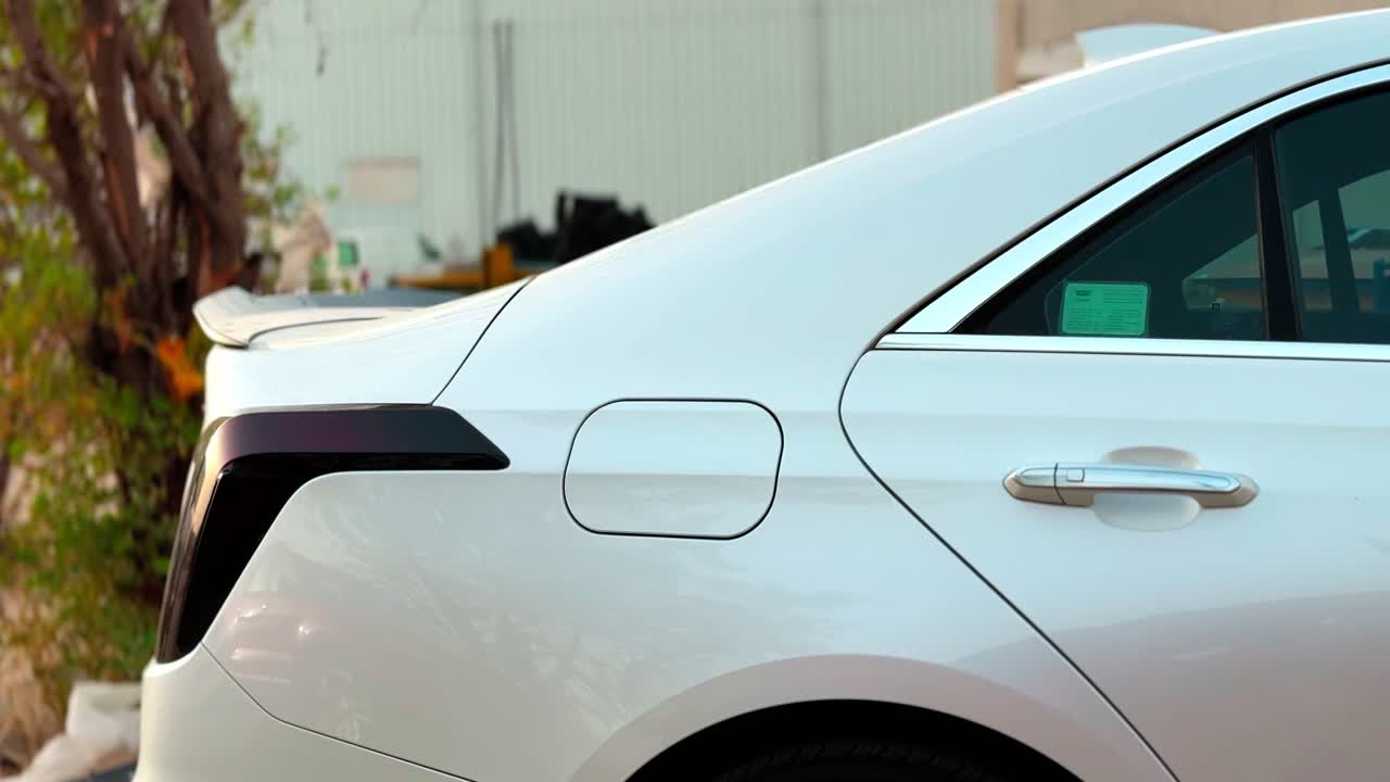 4K close-up of a white luxury sedan’s rear side, showcasing clean lines, fuel cap, and taillight — perfect for auto, design, or technology content.