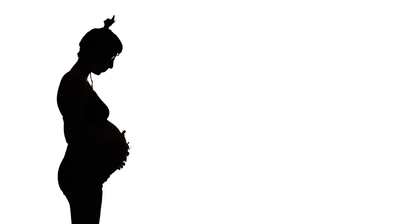 LEFT SILHOUETTE, A heavily pregnant woman looks down and strokes her belly