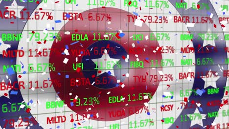confeti cayendo sobre el procesamiento de datos del mercado de valores contra las estrellas en círculos giratorios