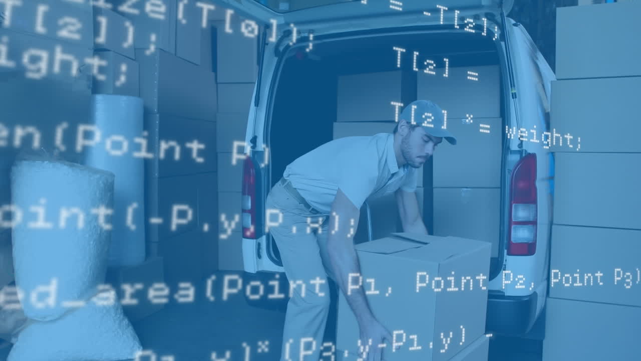 그의 밴에 배달 상자를 쌓는 백인 배달 남자에 대한 데이터 처리