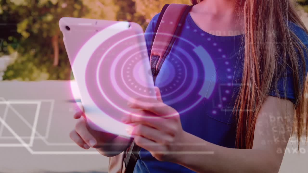Teenage girl tapping white tablet outdoors, activating circular HUD overlay and accessing education