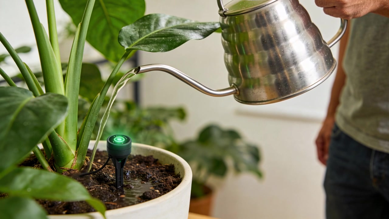 Uomo che porta un annaffiatoio e versa acqua in un vaso di piante a casa per la cura delle piante, con sensore LED.