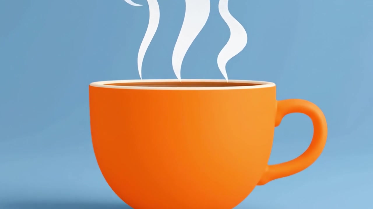 Una tazza arancione brillante che cattura l'essenza di calore e comfort con una bevanda fumante su uno sfondo blu tranquillo