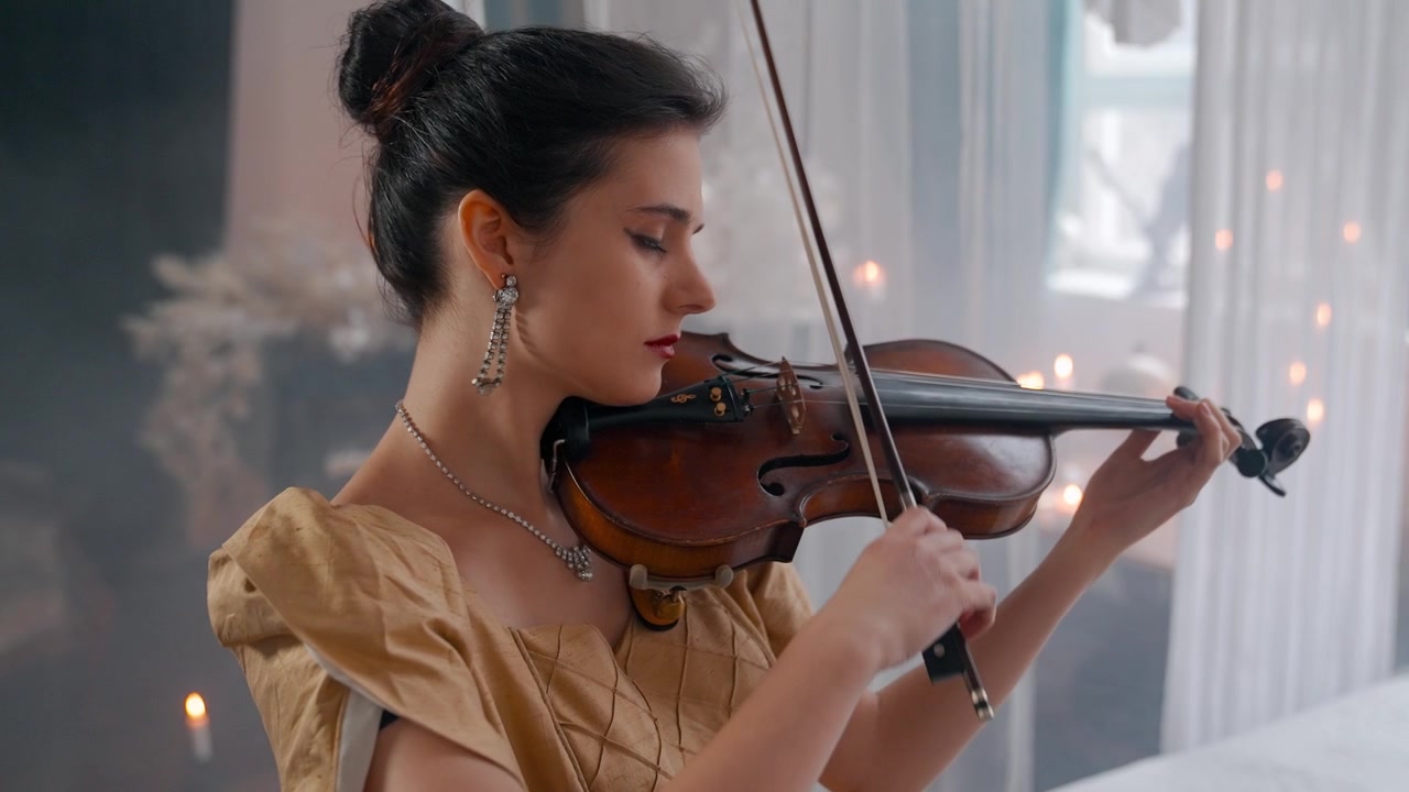 Giovane donna elegante che suona il violino al chiuso