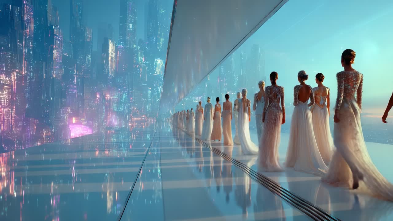 A Striking Showcase of Elegance: A Futuristic Fashion Runway Featuring Models in Spectacular Dresses Against a Dazzling Urban Neon Landscape of the Future