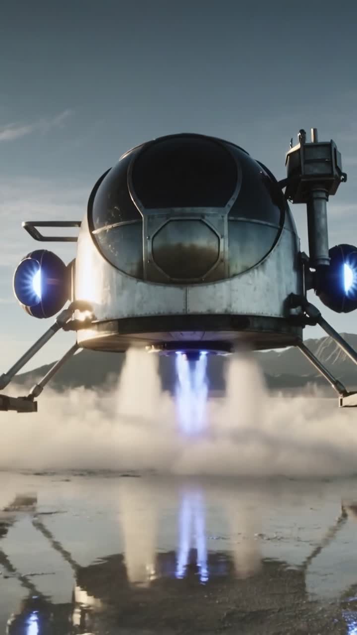 Vertikal video: VTOL-motor tänds, metallfarkost lyfter för att stiga från saltöken med hjälp av jetmotorer.