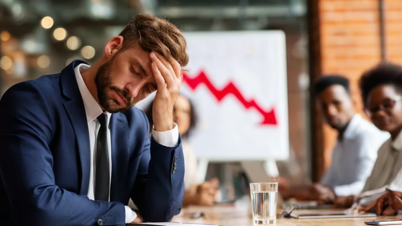 Corporate Meetings and Stress: A Businessman's Struggle with Declining Profits as He Faces Difficult Decisions Amidst a Frustrating Presentation of Financial Data