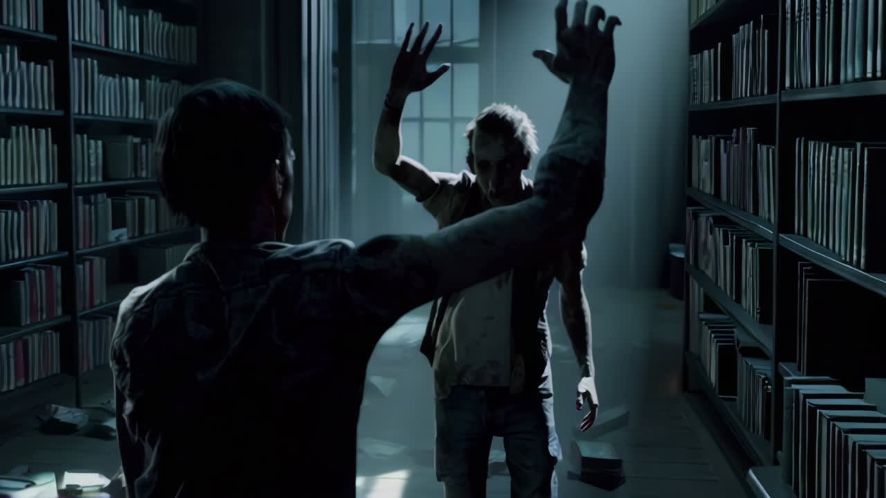 Two Men Fighting in a Dark Library