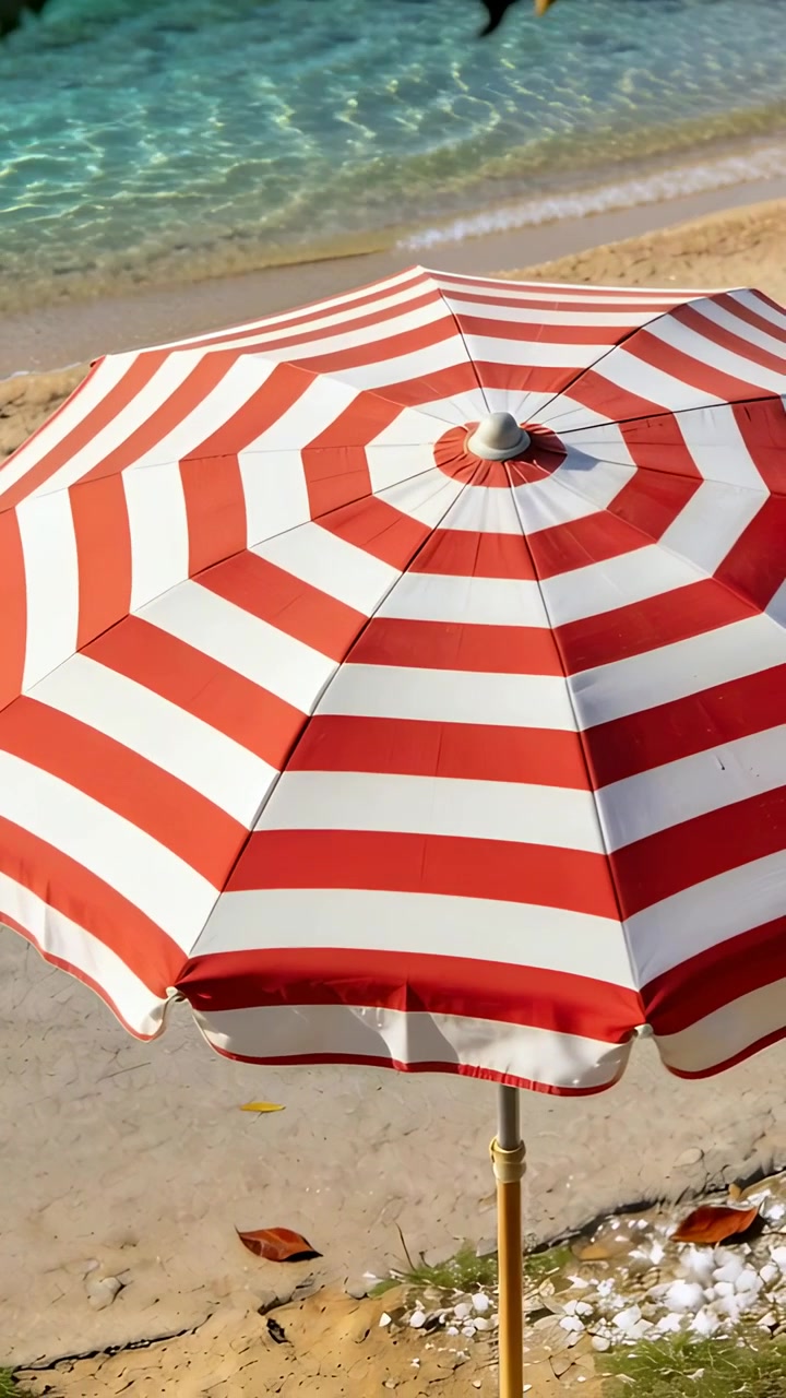 Video verticale: Telecamera che avanza rivelando un ombrellone a strisce rosse e bianche sulla riva con mare blu