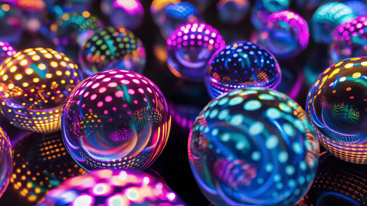 Multiple colorful crystal balls with dotted textures are rotating slowly on a black reflective surface, creating a mesmerizing visual effect