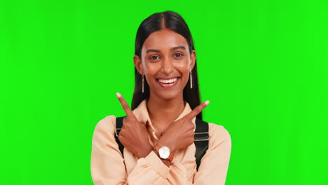 Green-screen,-happy-girl-or-student-pointing-to