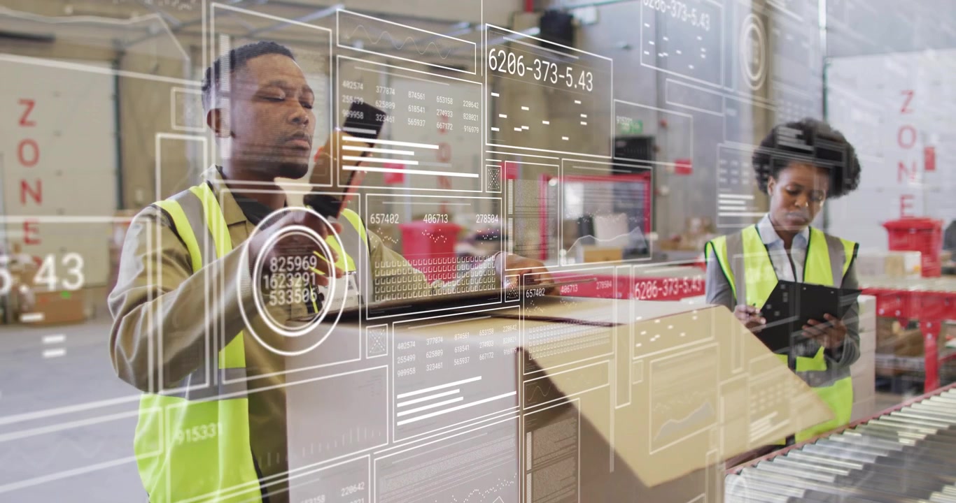 Male warehouse worker using scanner and rotating item while colleague checking AR data for shipment