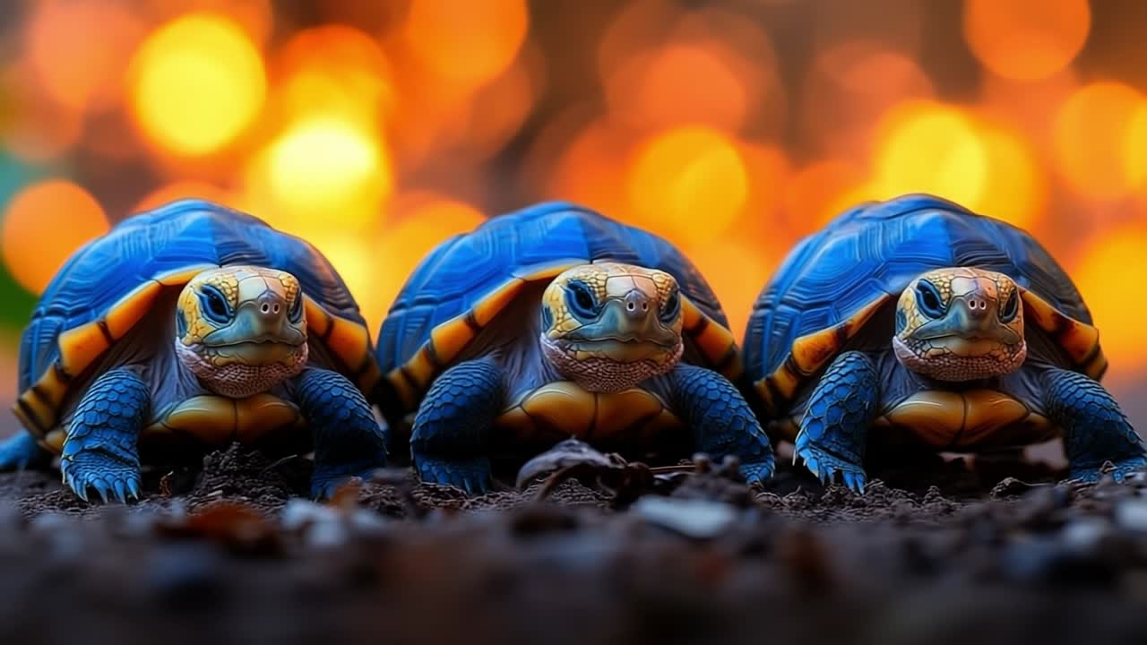 Colorful turtles basking in warm light. Three vibrant turtles rest on the ground, illuminated by a soft glow, creating a serene and lively atmosphere.