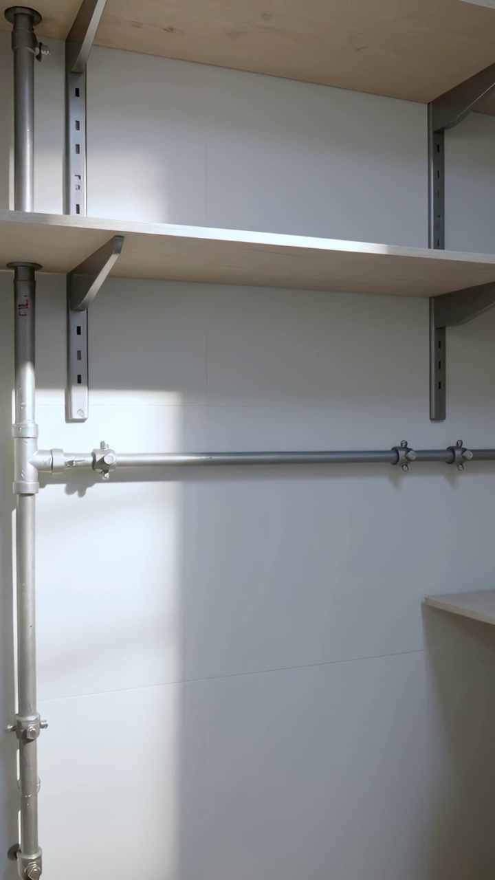 Video verticale: Telecamera che si sposta mostrando tubi, binari e scaffali in un angolo lavanderia, rivelando la lavatrice.