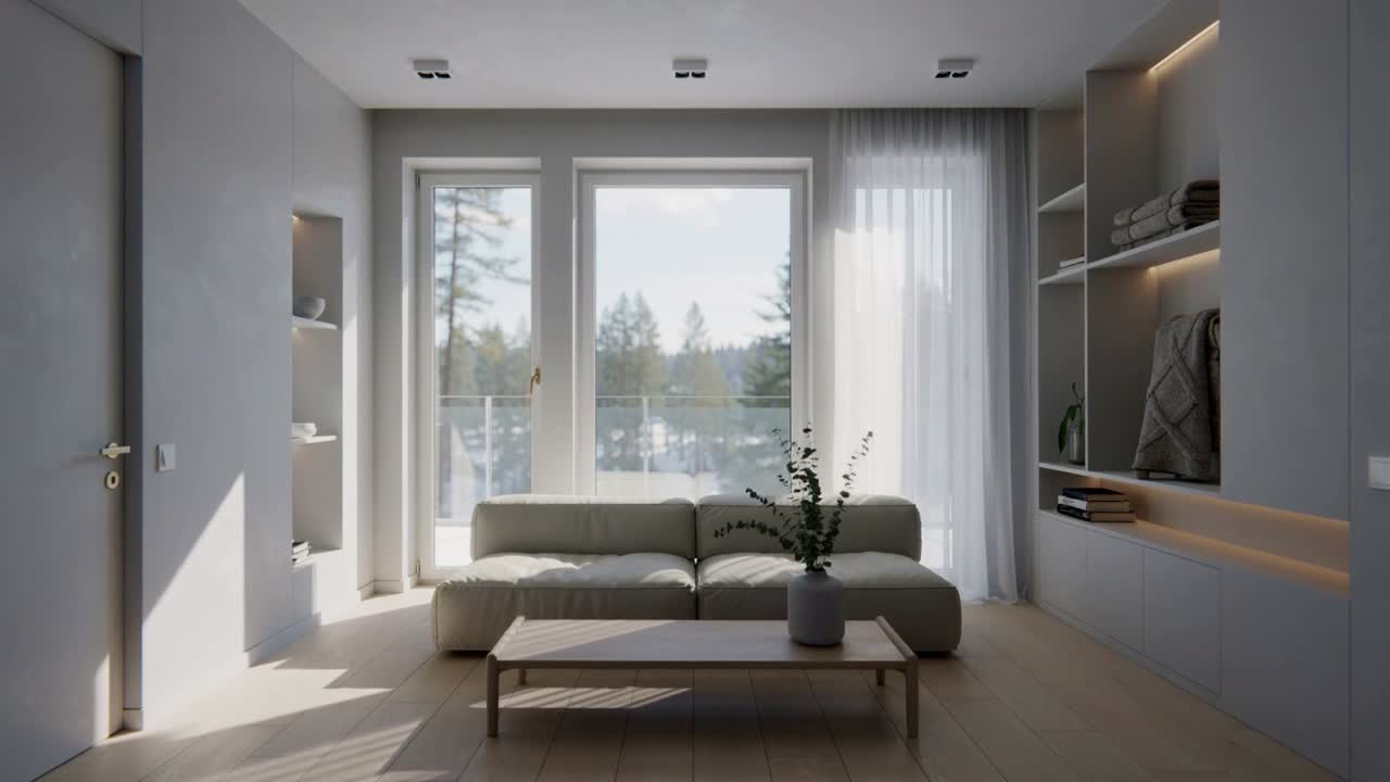 Luce solare e brezza che si spostano attraverso il soggiorno con balcone, rivelando un divano beige e un tavolo con vaso.