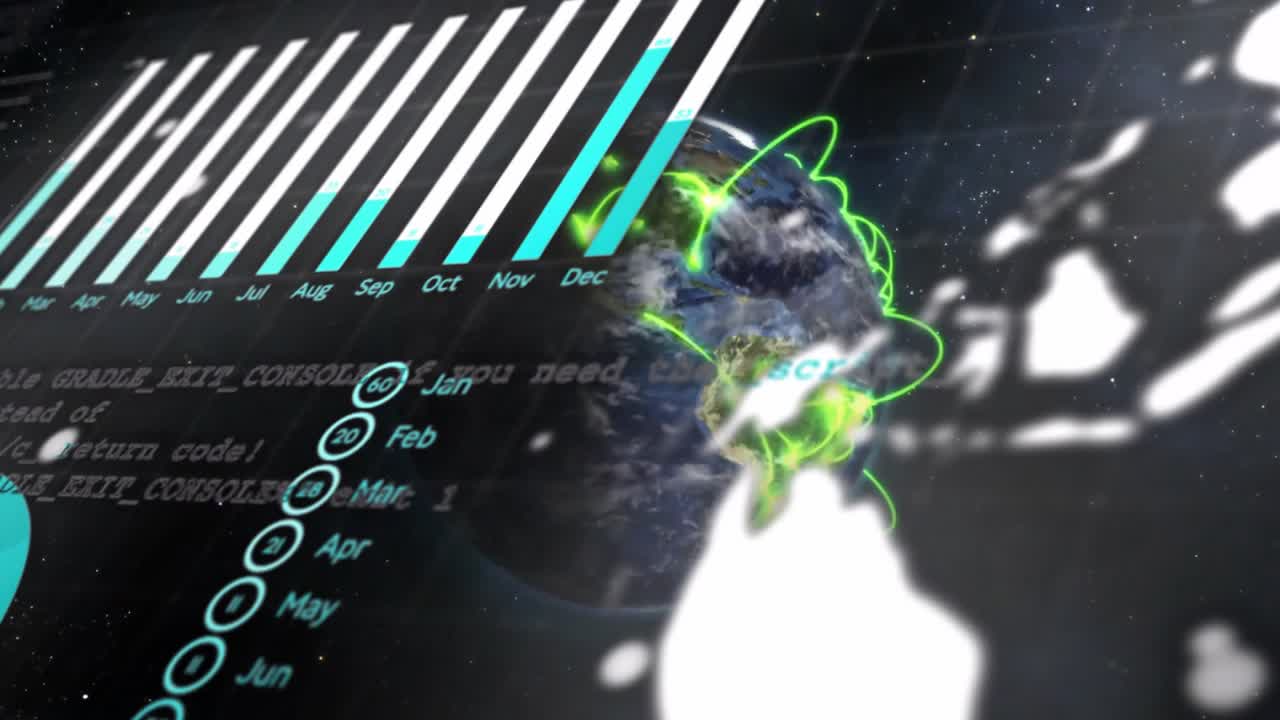 Animation of digital data processing over globe on black background