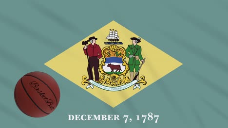 la bandera de delaware ondeando y la pelota de baloncesto girando, bucle